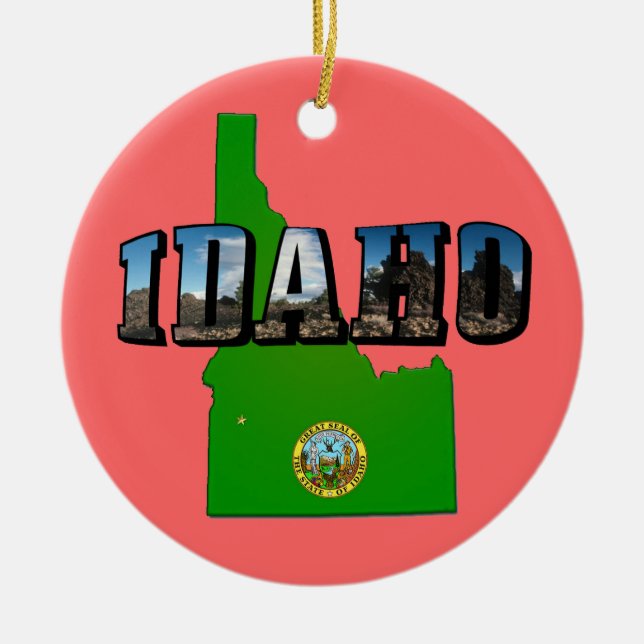 Idaho Map, Seal and Picture Text Ceramic Ornament (Front)