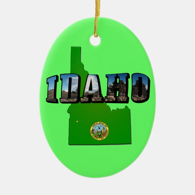 Idaho Map, Seal and Picture Text Ceramic Ornament (Front)