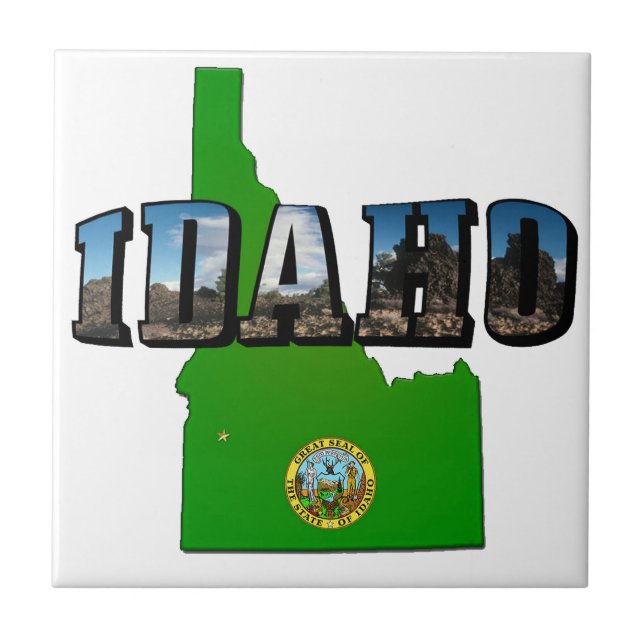 Idaho Map, Seal and Picture Text Ceramic Tile (Front)