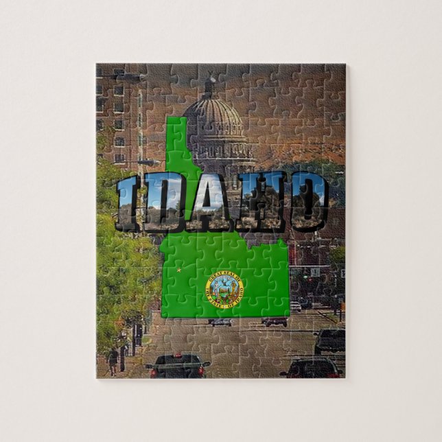 Idaho Map, Seal and Picture Text, State Capitol Jigsaw Puzzle (Vertical)