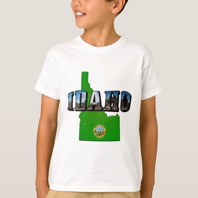 Idaho Map, Seal and Picture Text T-Shirt (Front)