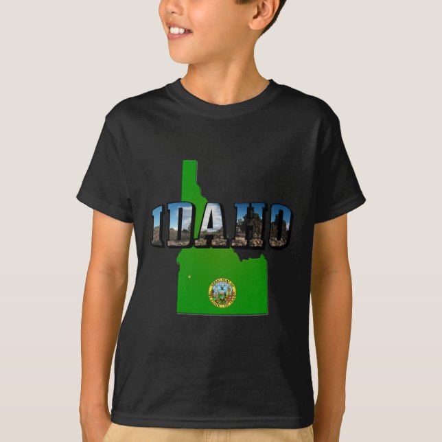 Idaho Map, Seal and Picture Text T-Shirt (Front)