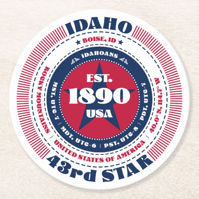 Idaho Red White Blue Typography Round Paper Coaster (Front)