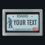 Idaho Sasquatch License Plate Rectangular Belt Buckle<br><div class="desc">The dark silhouette of Sasquatch (Bigfoot) on a blank Idaho license plate. Add your own text. Contact me for special requests. License plates for additional states and other entities (Canadian provinces, foreign countries) upon request. If you live or travel in rural areas of the Pacific Northwest you may possibly come...</div>