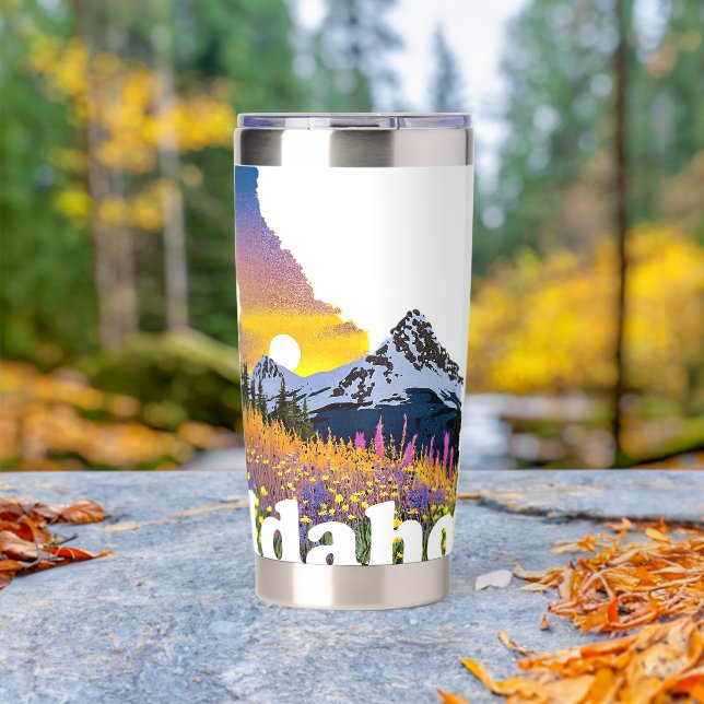 Idaho shape with mountain and wildflowers custom insulated tumbler (Outdoor (Rotated))
