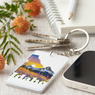 Idaho shape with mountain and wildflowers key ring