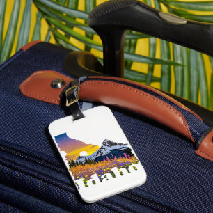 Idaho shape with mountain and wildflowers luggage tag
