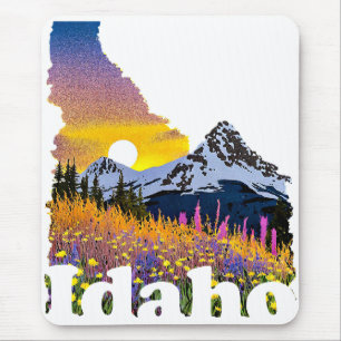 Idaho shape with mountain and wildflowers mouse pad