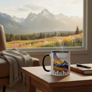 Idaho shape with mountain and wildflowers mug