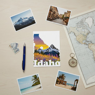 Idaho shape with mountain and wildflowers postcard