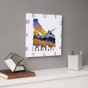 Idaho shape with mountain and wildflowers square wall clock