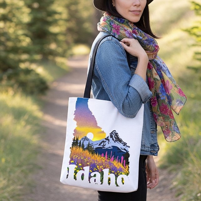 Idaho shape with mountain and wildflowers tote bag (Creator Uploaded)