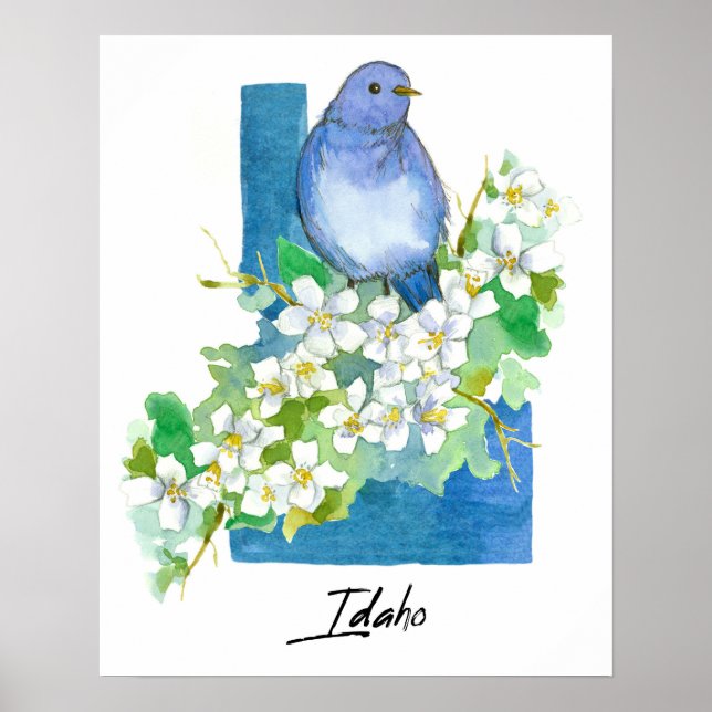 Idaho State Shape Mountain Bluebird Syringa  Poster (Front)