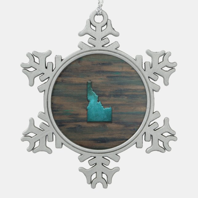 Idaho State Shape Teal Snowflake Pewter Christmas Ornament (Front)