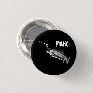 IDAHO STEELHEAD -HERE FISHY FISHY - STRIKING IDAHO 3 CM ROUND BADGE