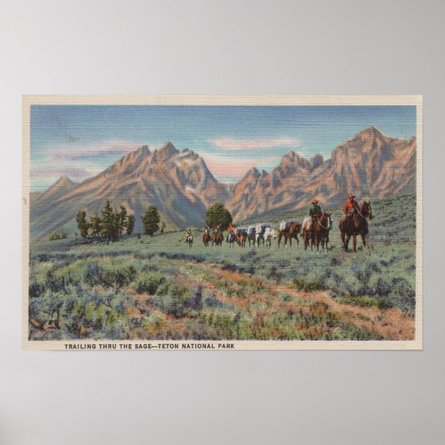 Idaho - View of Men on Horseback on Teton Mts. Poster (Front)