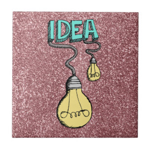 Idea - Retro Light Bulb Design on Pink Glitter Ceramic Tile