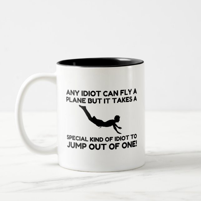 IDIOT SKYDIVING Two-Tone COFFEE MUG (Left)