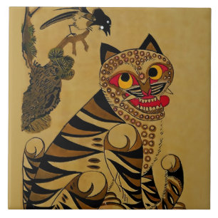 Idiot Tiger and Scolding Magpie Korean Minhwa Ceramic Tile