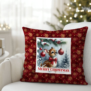 Idyllic baby deer winter snowy forest Christmas  Cushion