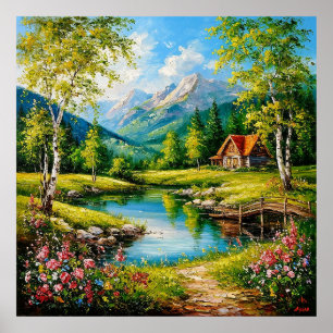 Idyllic Cabin by a Stream in a Vibrant Mountain Poster