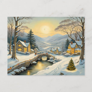 Idyllic Christmas Village with River and Bridge Postcard