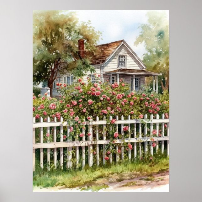 Idyllic Climbing Roses in Rural Countryside Poster (Front)