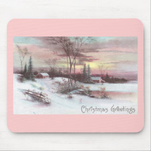 Idyllic Country Winter Scene with Pink Sunset Mouse Pad