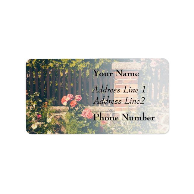 Idyllic Garden With Roses, Wooden Fence Label (Front)