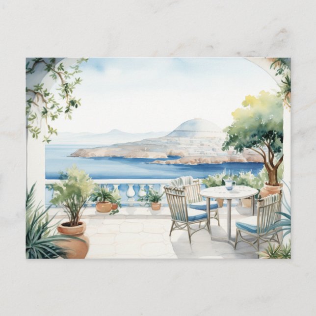 Idyllic Greek Island: Digital Watercolor Art Print Postcard (Front)