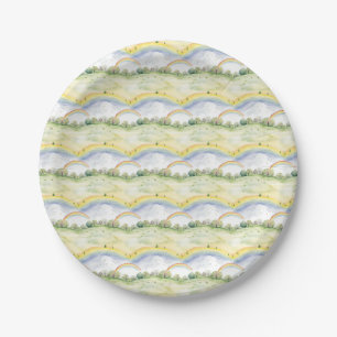 Idyllic Landscape with Trees, Bushes, Flowers Paper Plate