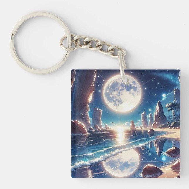Idyllic Moonlit Beach Painting Key Ring (Front)