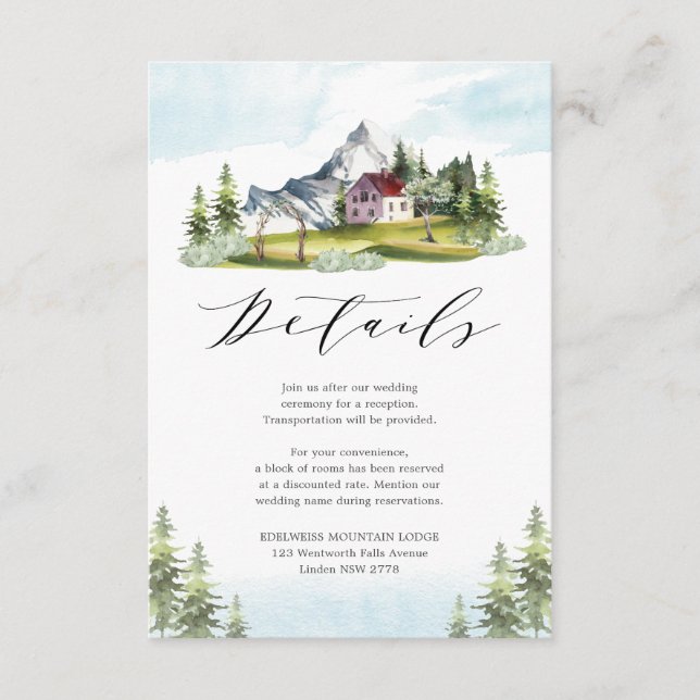 Idyllic Mountain Pine Forest Wedding Details Enclosure Card (Front)