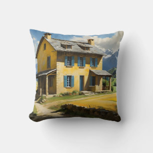 Idyllic rural with old house in the mountains cushion