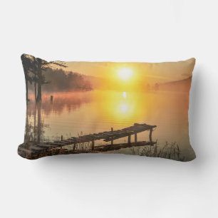 Idyllic Sunrise Misty Mountain Lake, Bulgaria Lumbar Cushion