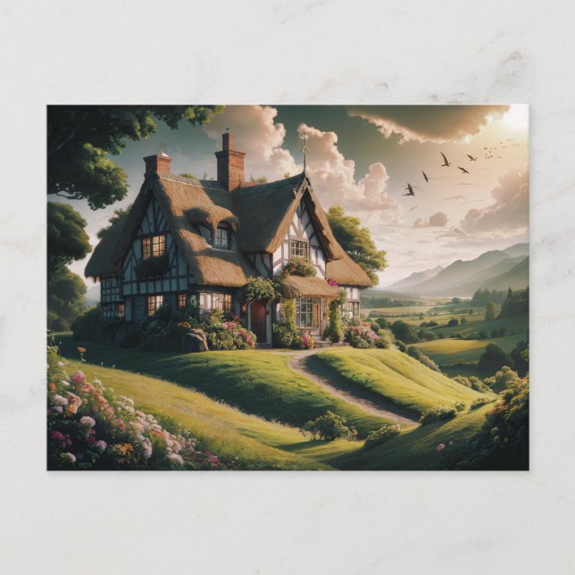 Idyllic Thatched Cottage in Lush Countryside Postcard (Front)