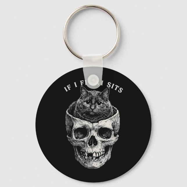 If Fits Sit Black Cat Skull Funny Minimal Meme Key Ring (Front)