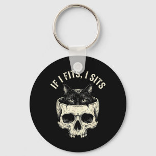 If Fits Sit Black Cat Skull Minimalist Cat Meme Key Ring