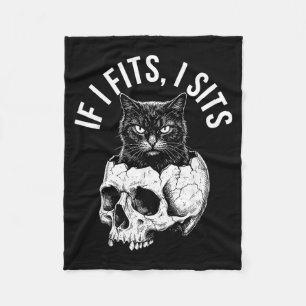 If Fits Sits Black Skull Cat Minimalist Meme Humou Fleece Blanket