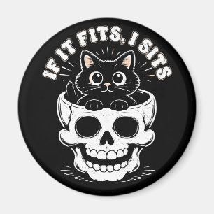 If It Fits I Sit Black Cat Skull Minimalist Meme Magnet