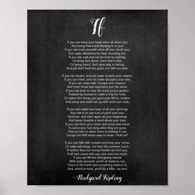 If Poem by Rudyard Kipling Black and White Poster (Front)
