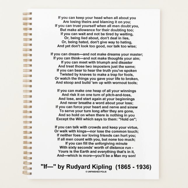 If- Poem by Rudyard Kipling (No Kipling Picture) Planner (Front)