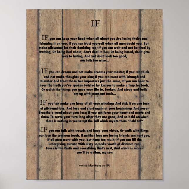 IF Quote by Rudyard Kipling 1895 on Barn Wood Poster (Front)