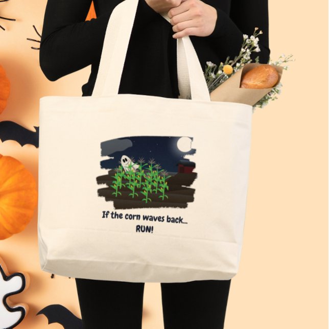 If the Corn Waves Back Funny Halloween Ghost  Large Tote Bag (Creator Uploaded)