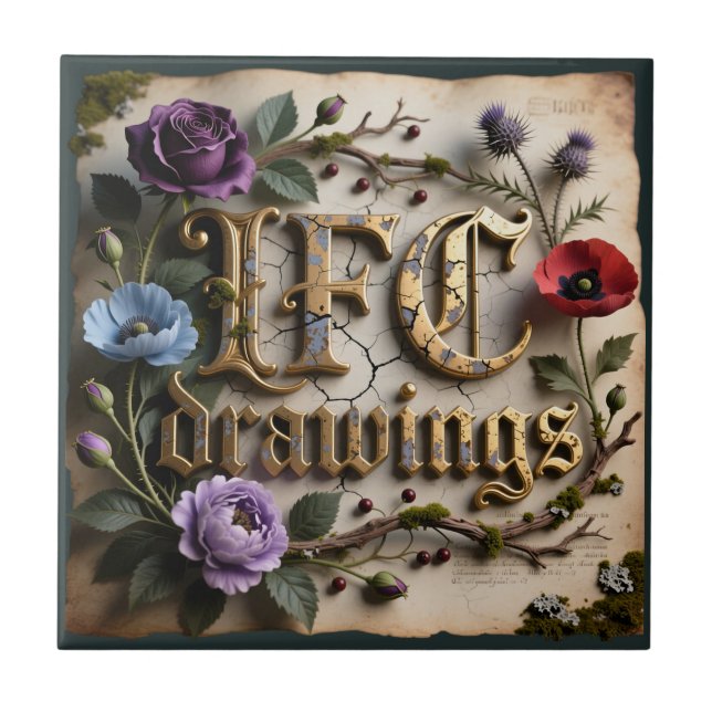 IFC Drawings Antique Gold Floral Sign Ceramic Tile (Front)