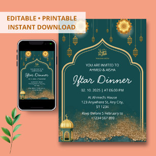 Iftar dinner invitation ramadan gold green