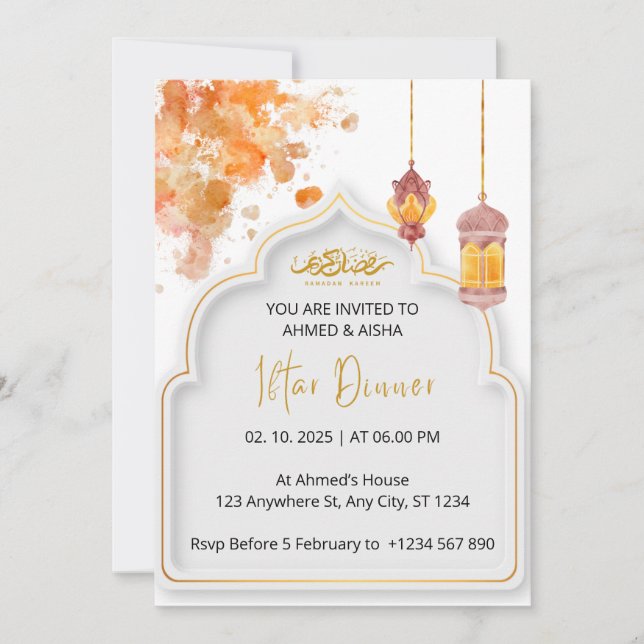 Iftar dinner invitation ramadan orange watercolor (Front)