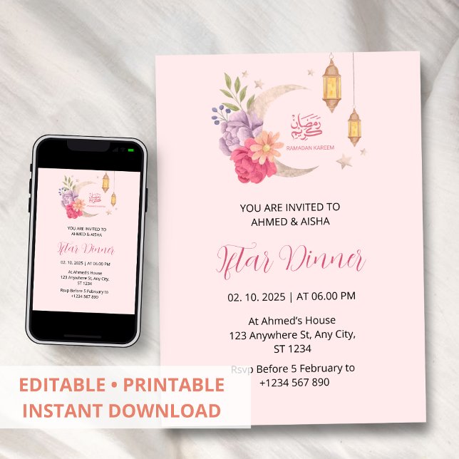 Iftar dinner invitation ramadan pink with moon (Creator Uploaded)