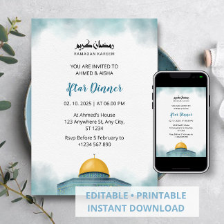 Iftar dinner invitation ramadan watercolor blue