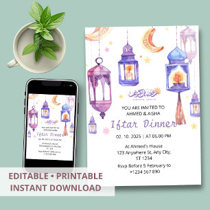 Iftar dinner invitation ramadan watercolor lentern